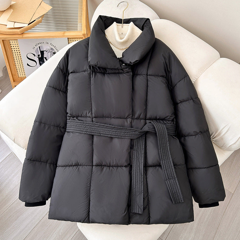 Plaid Sewing Lapel Coat With Lace-up Design Loose Solid Thick Jacket Outerwear Clothing