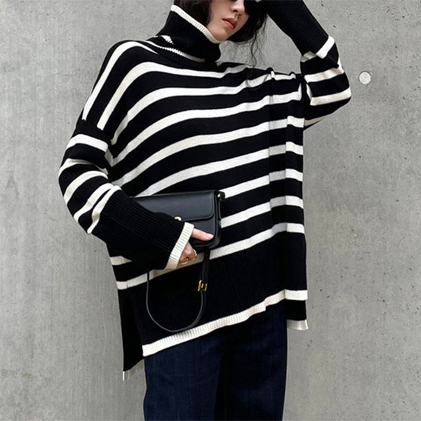 Striped Turtleneck Sweater Casual Loose Slit Design Sweater Tops Womens Clothing
