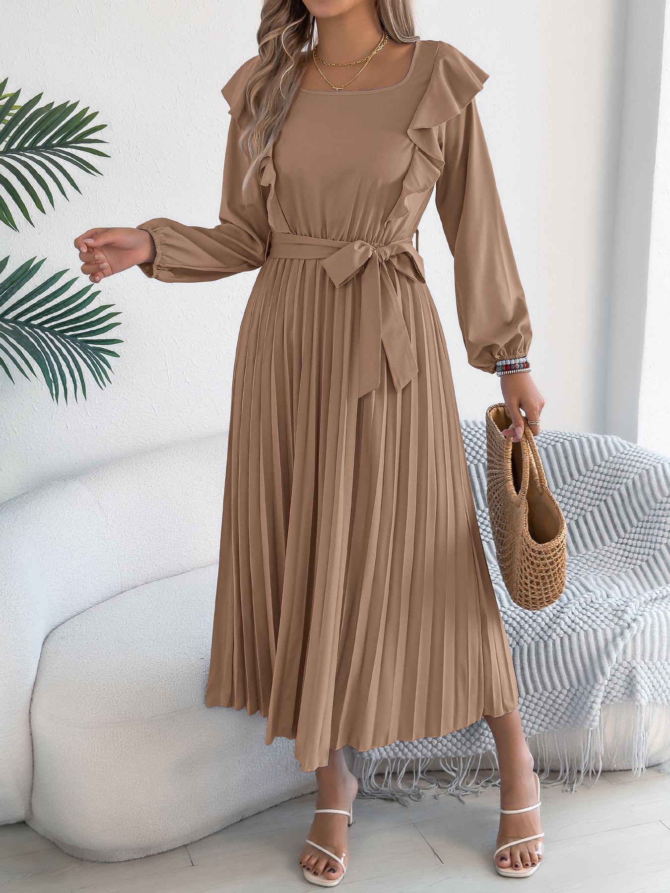 Elegant Ruffle Trim Square Neck Long Sleeve Tie Waist Pleated Dress