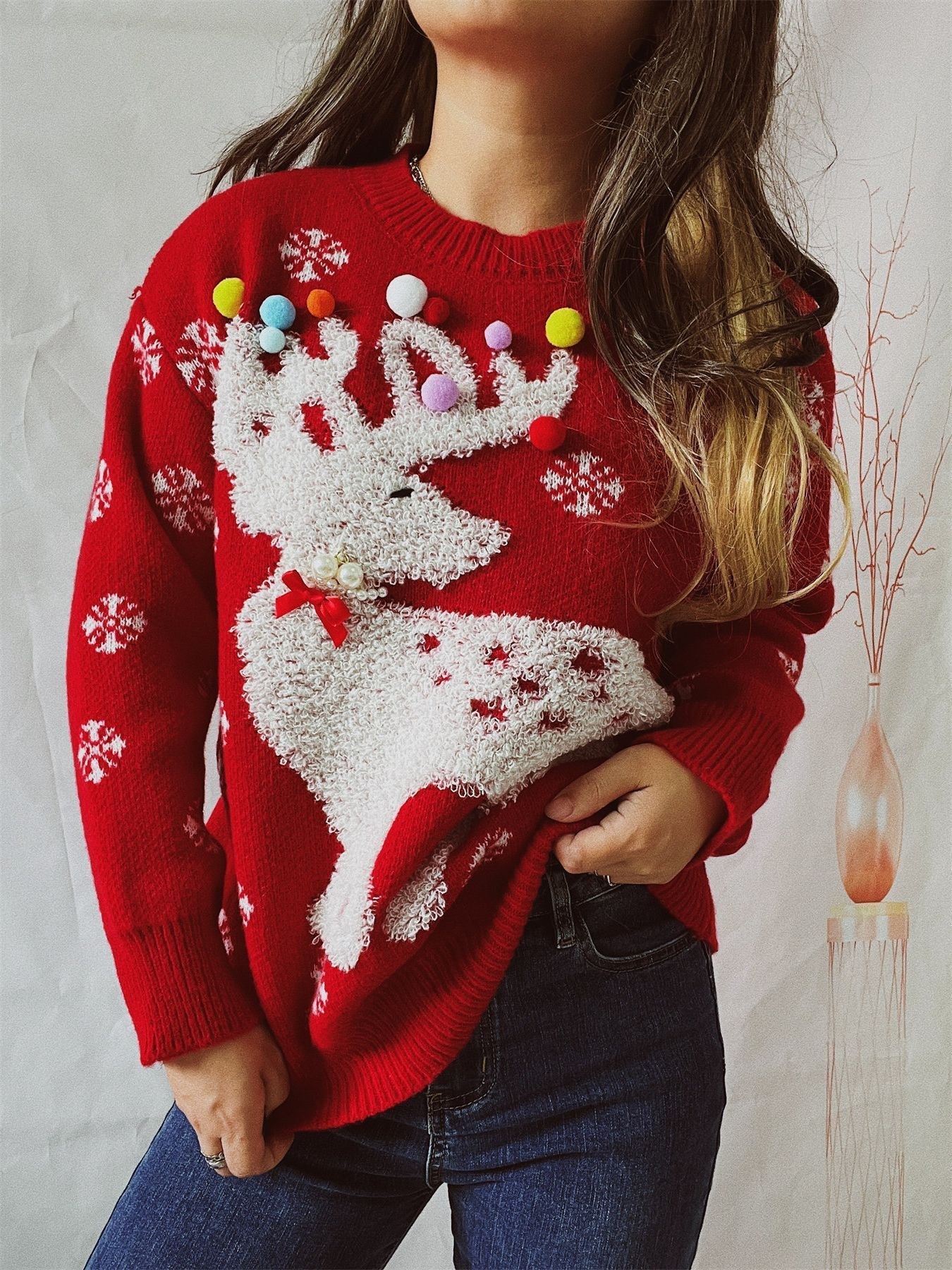 Elk Flocking Jacquard Handmade Pearl Colorful Ball Decorative Knitted Christmas Sweater