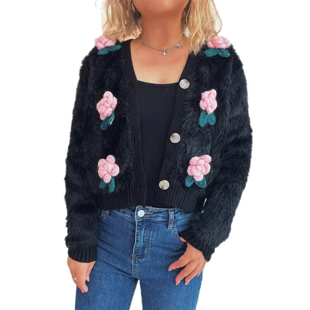 Stitching Three-dimensional Flower Short Knitted Sweater