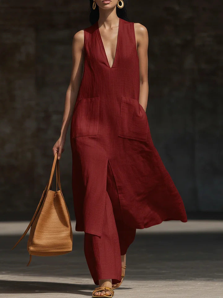 Casual Style V-Neck Sleeveless Dress Set
