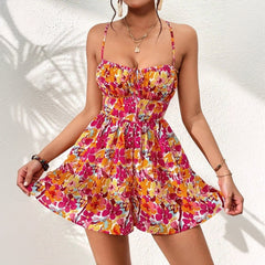 Floral Print Dress Lace-up Back Seaside Holiday Short Dresses