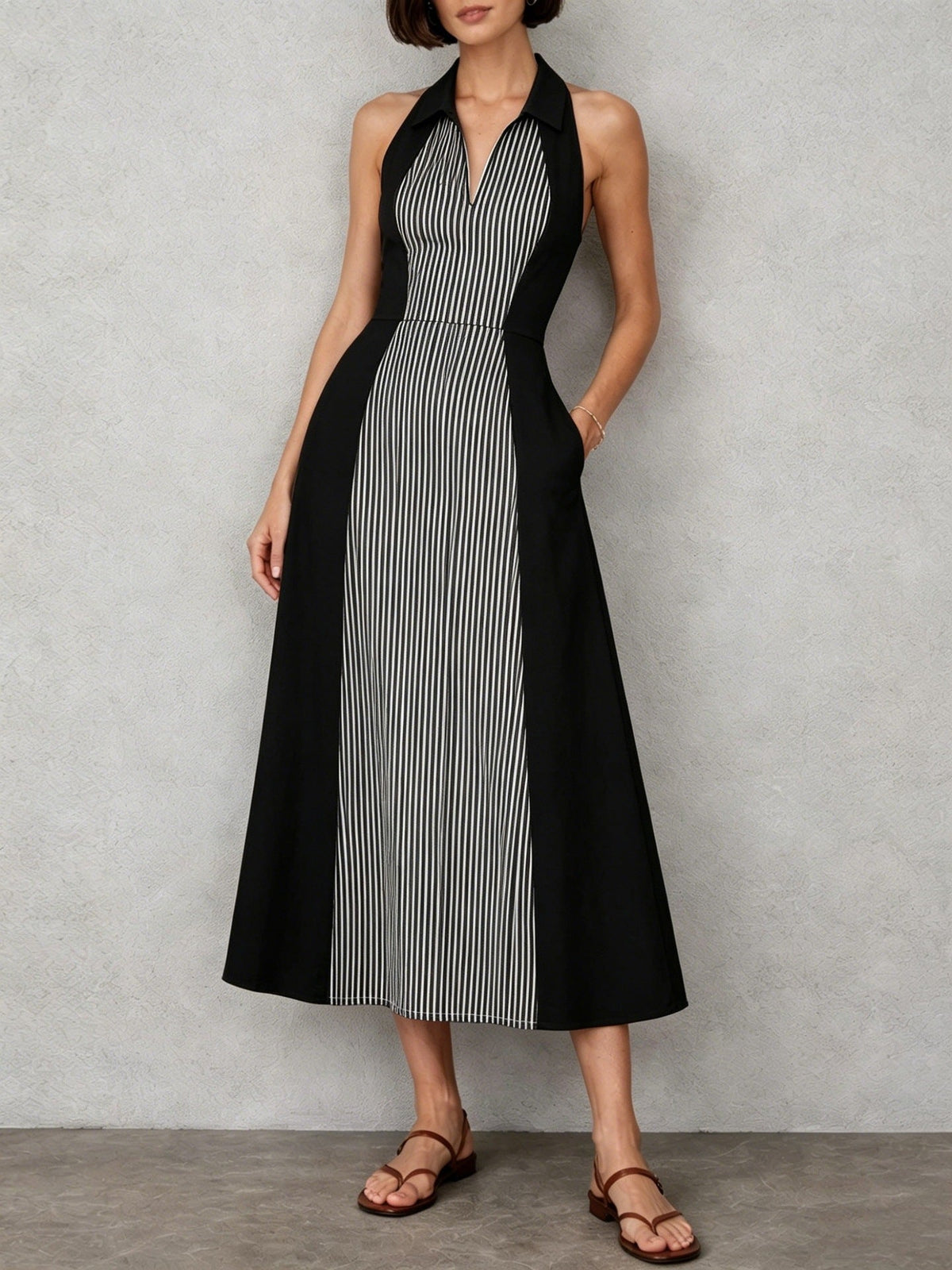 Womens Shirts Collar Defined Waistline Striped Long Swing Dress