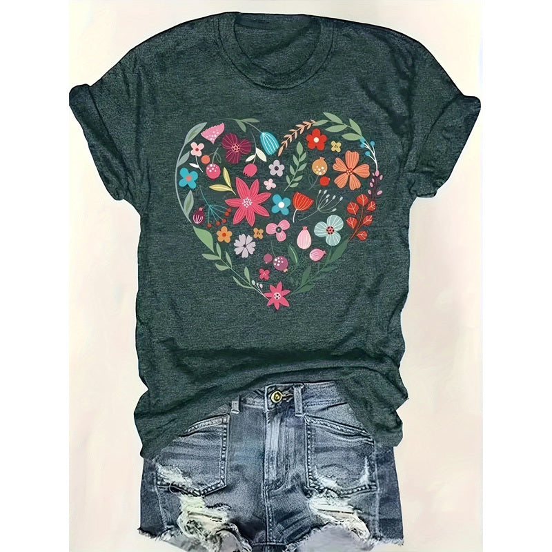 Floral Heart Print Short Sleeve T-Shirt Casual Round Neck Blouse