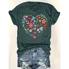 Floral Heart Print Short Sleeve T-Shirt Casual Round Neck Blouse
