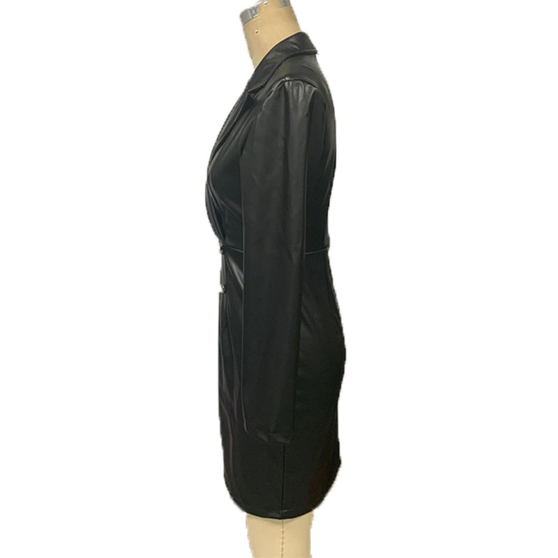 Faux Leather Blazer Dress, Double-Breasted Long Sleeve Midi Dress, Slim Fit Office Bodycon Dress