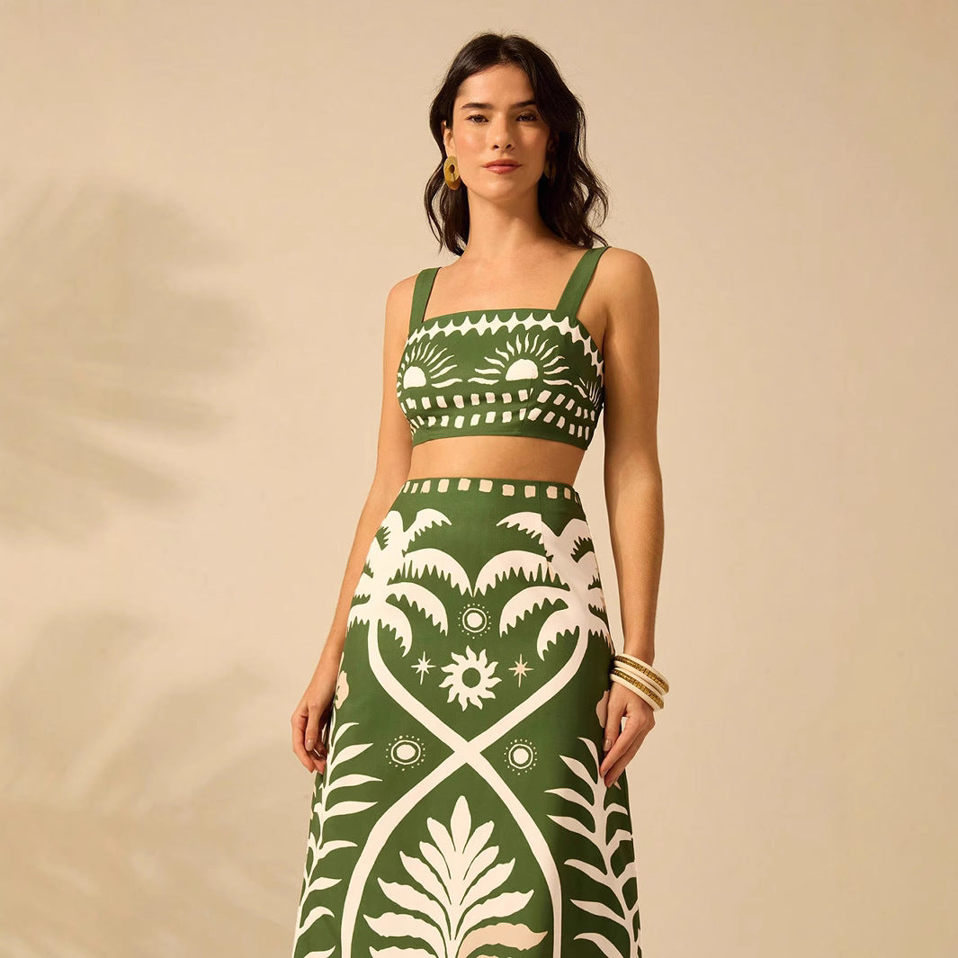 Womens Printed Camisole And High-waisted Straight Midi Skirt