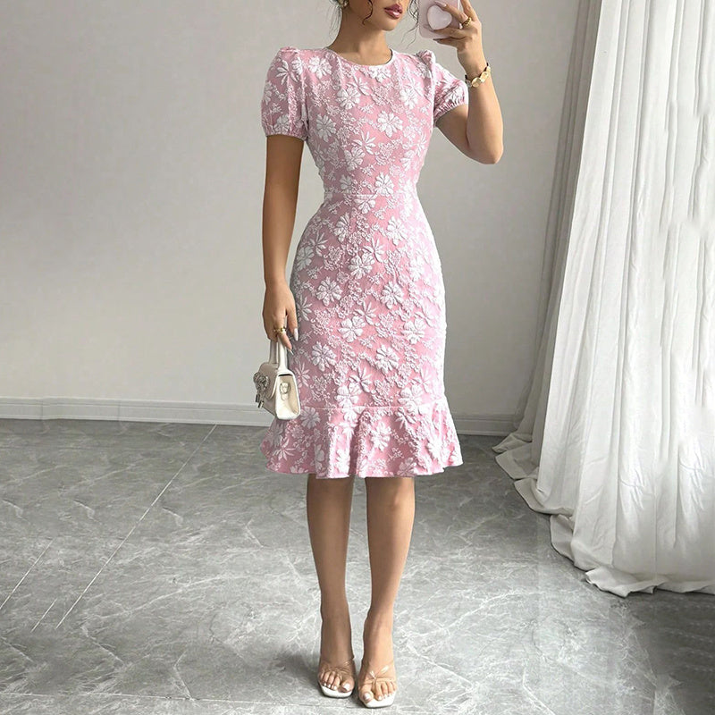 Floral Jacquard Dress Short Puff Sleeve Crew Neck Ruffle Hem Bodycon Dresses