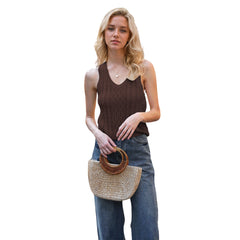 V-neck Tank Vest Casual Knitted Solid Color Tops