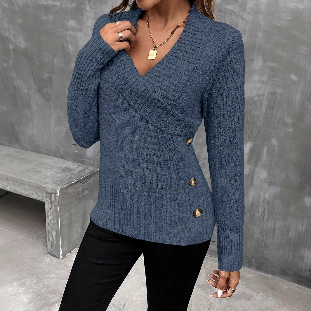 Pullover Button Elegant Knitted Sweaters Clothing