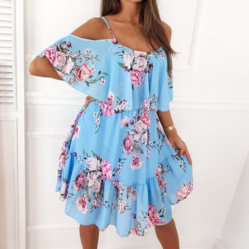 Flower Printed Ruffled Suspender Dress â€?Off-the-Shoulder Strap Dress