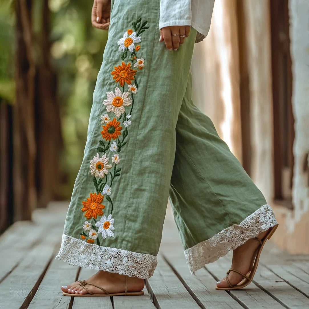 Retro Boho Floral Lace Embroidery Art Cotton Linen Wide Leg Pants