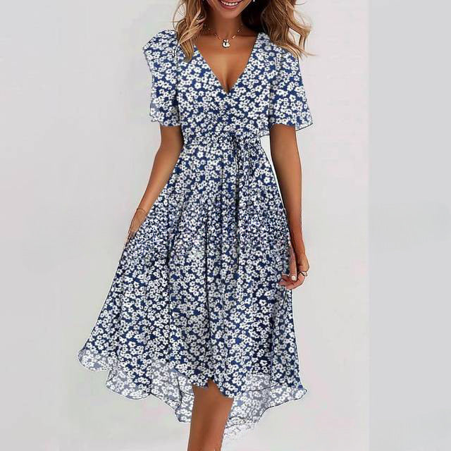 Flowers Printed V-neck Dress A-line Short-sleeved Dresses For Women