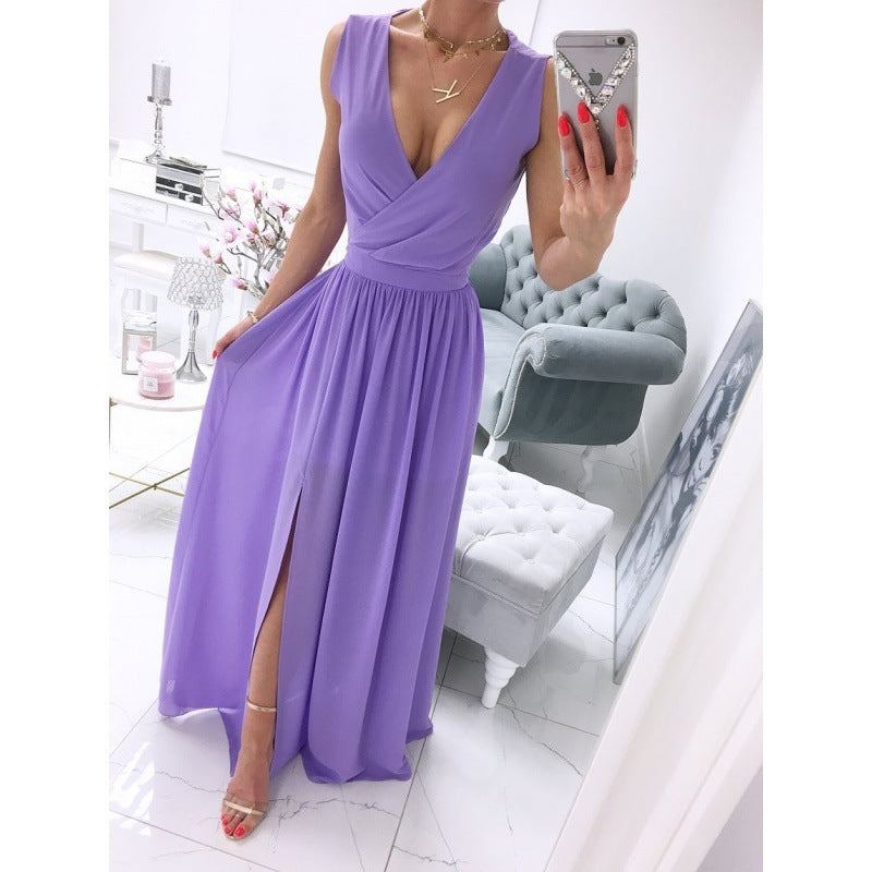 Sleeveless And Ankle Skirt Solid Color V-neck Front Split Long Dress
