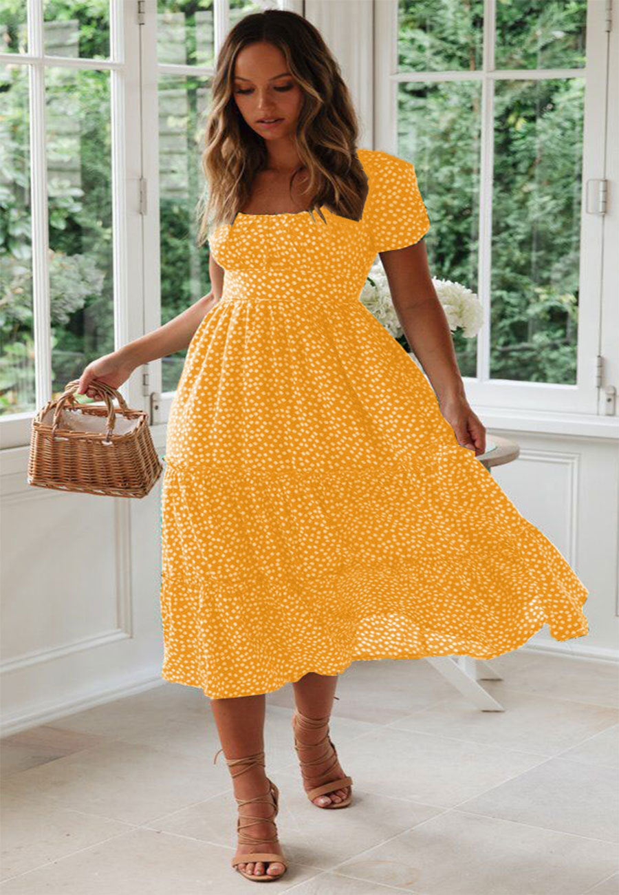 Square Collar Short Sleeve Dress Puff Floral Printed Dress Long Dresses