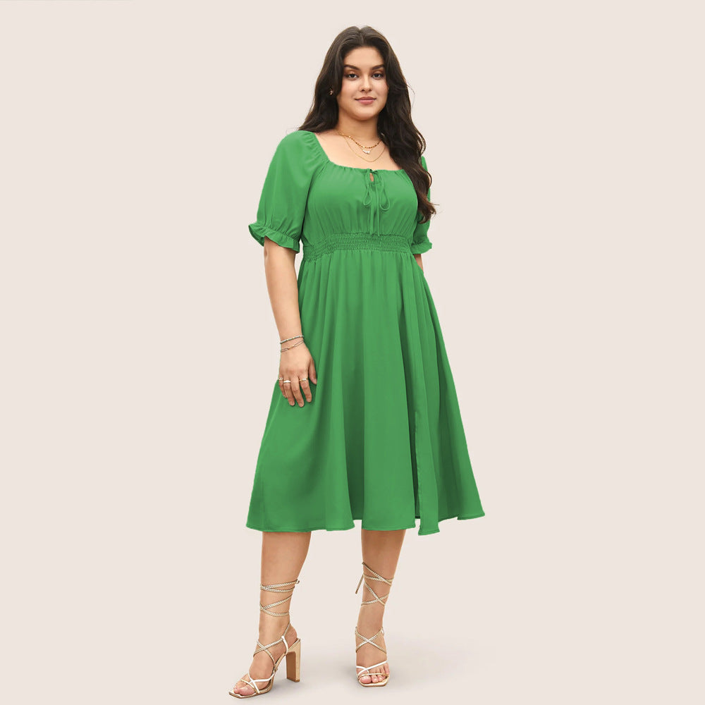 Retro Square-Neck Puff-Sleeve Waist-Cinched Slimming Green Midi Dress