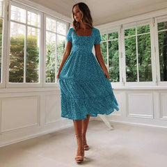Square Collar Short Sleeve Dress Puff Floral Printed Dress Long Dresses