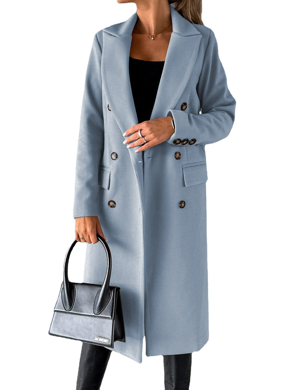 Double Breasted Lapel Coat Solid Slim Long Jacket Long Sleeve Tops Womens Clothing