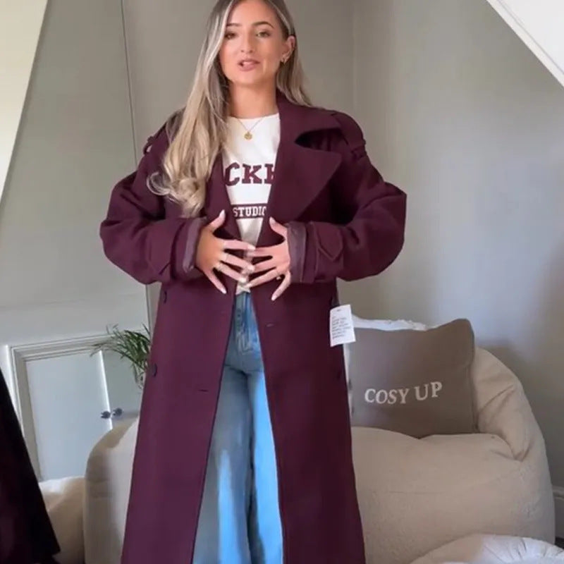Wine Red Loose Lapel Long Sleeves Single Button Overcoat Coat