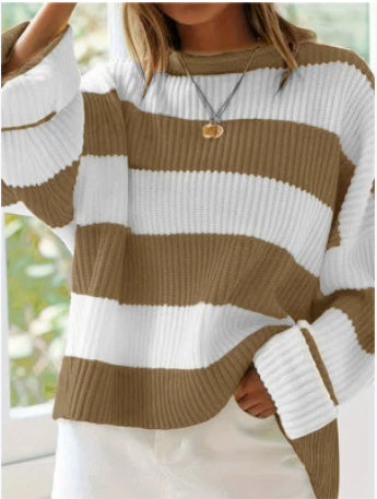 Loose Striped Sweater Casual Long Batwing Sleeve Round Neck Pullover Knit Tops Clothing