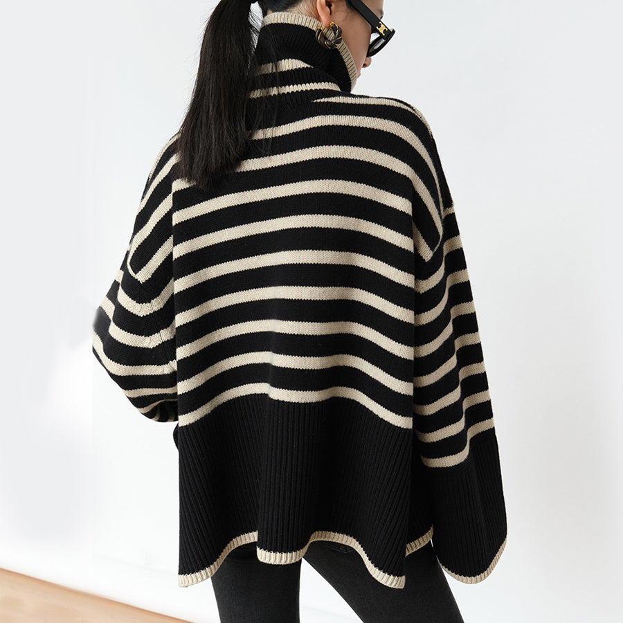 Striped Turtleneck Sweater Casual Loose Slit Design Sweater Tops Womens Clothing