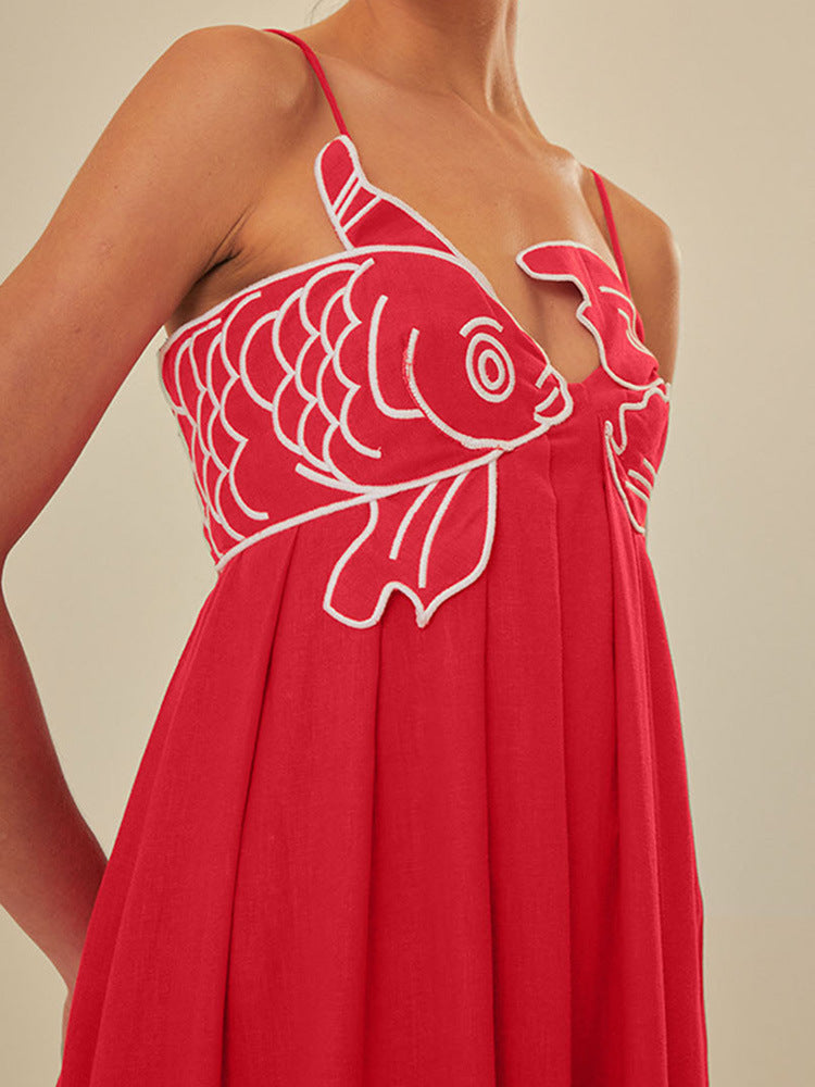 Red Fish-shaped Top Extra Long Dress Backless Slip Dress