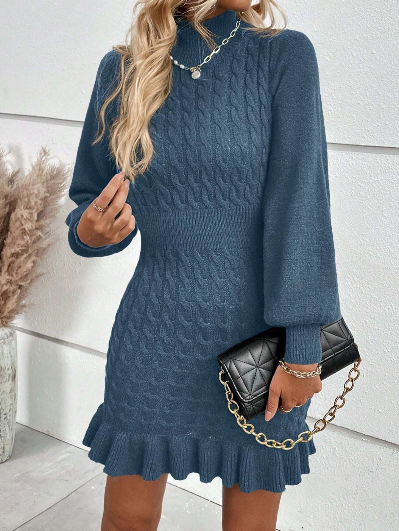 Clothing Temperament Twisted Waist Solid Color Dress