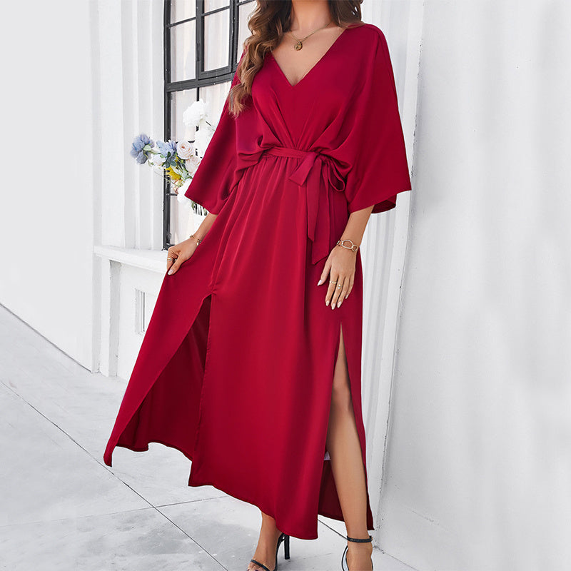 V-Neck Bat Sleeve Long Dress â€?Split Design, High Waist, Lace-Up Elegant Fit