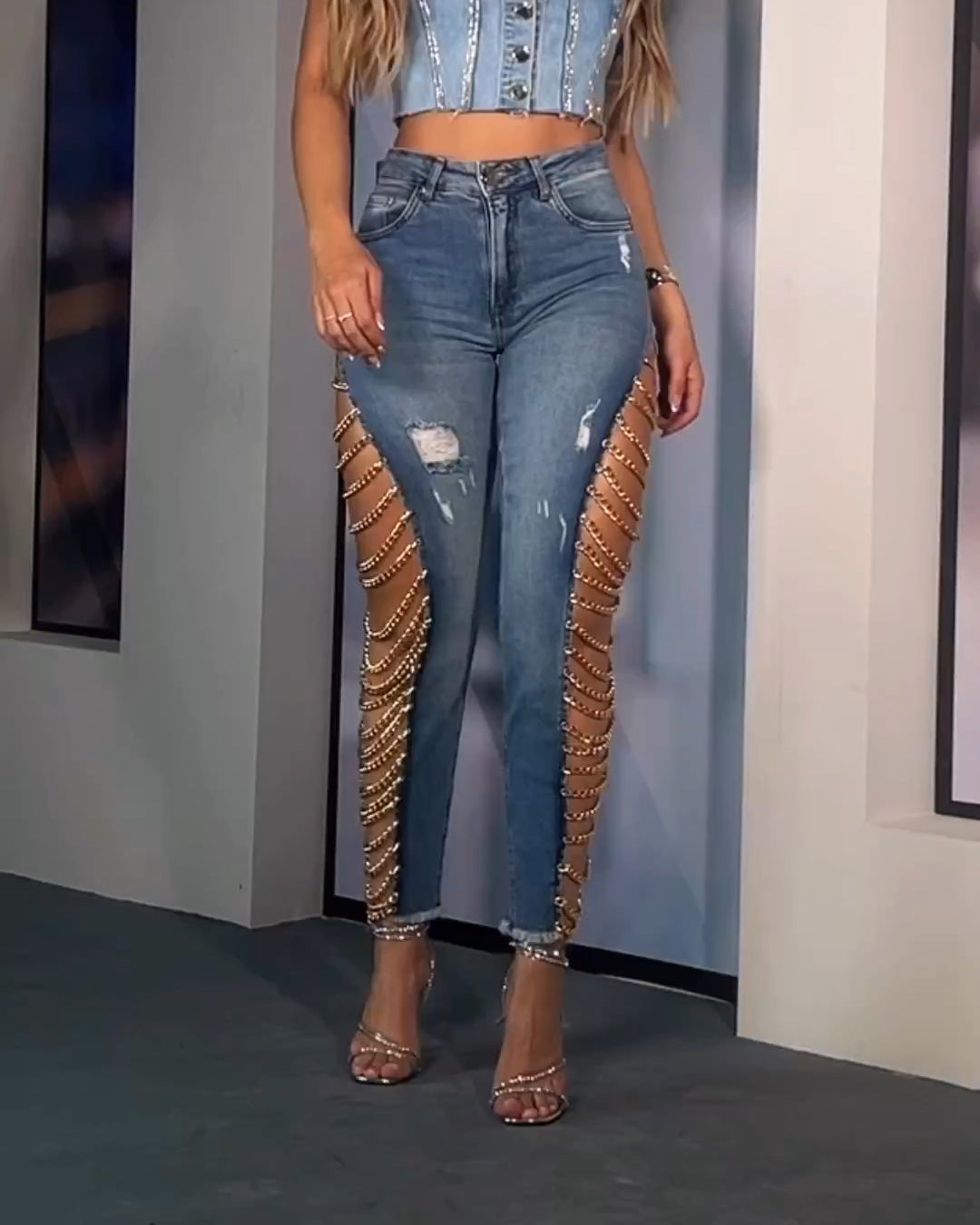 High Rise Destroyed Trendy Chain Raw Hem Lace Up Sides Zipper Button Denim Jeans