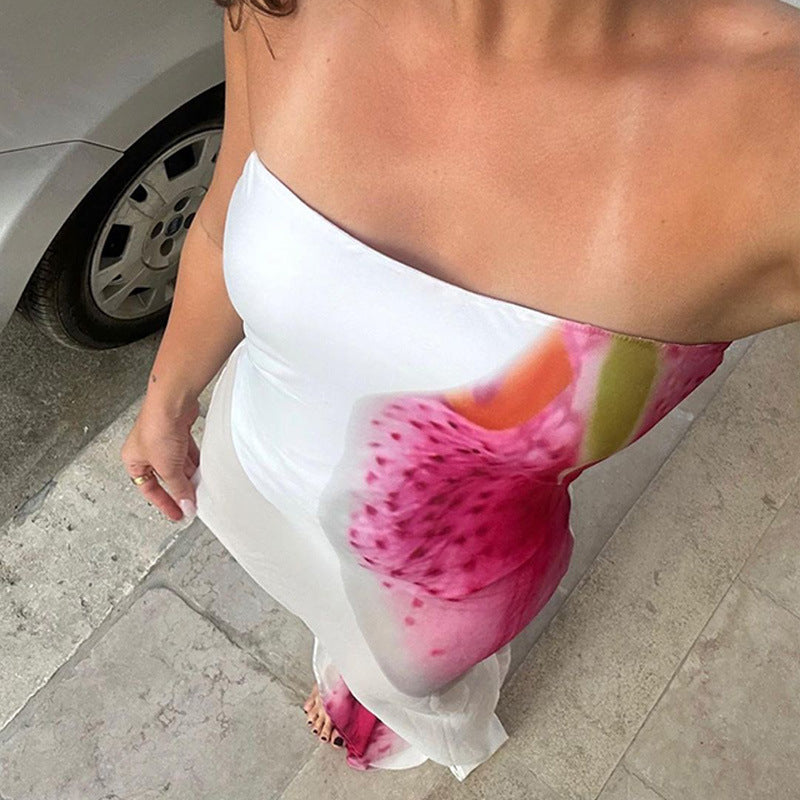 Floral Print Tube Top Slit Bodycon Mesh Dress For Women