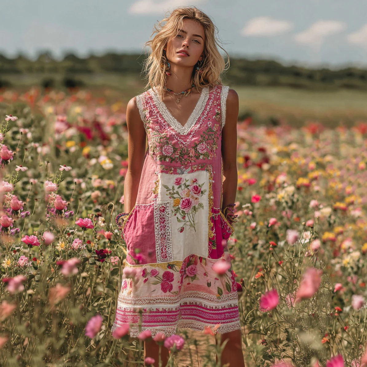 Womens Retro Bohemian Rose Embroidered Dress