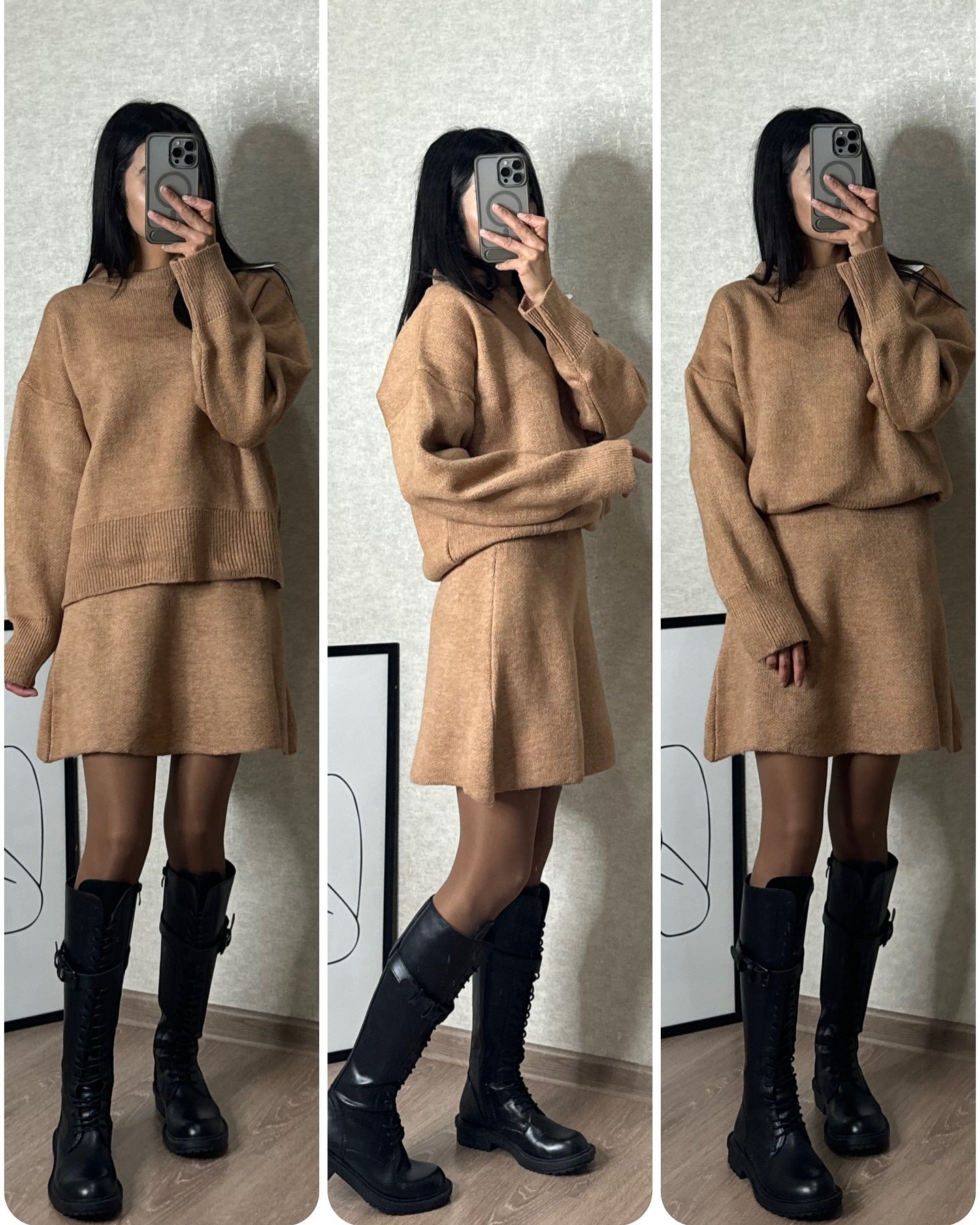 Sweater Skirt Sets For 2 Pieces Knit Casual Versatile Long Sleeve Pullover Elegant Solid High Waist Mini Skirt Outfit