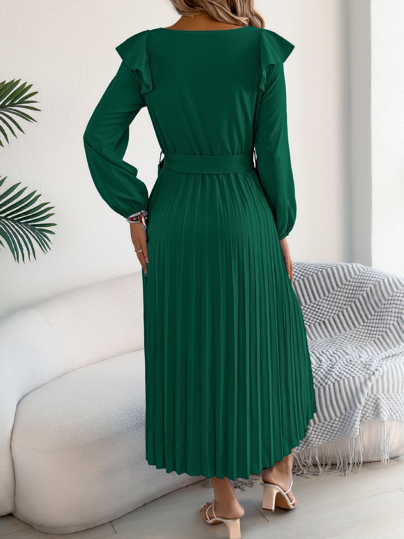 Elegant Ruffle Trim Square Neck Long Sleeve Tie Waist Pleated Dress
