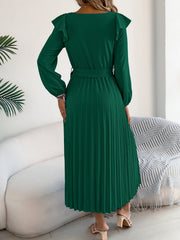 Elegant Ruffle Trim Square Neck Long Sleeve Tie Waist Pleated Dress