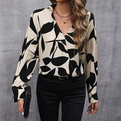 Printed V-Neck Long-Sleeve Loose Casual Top