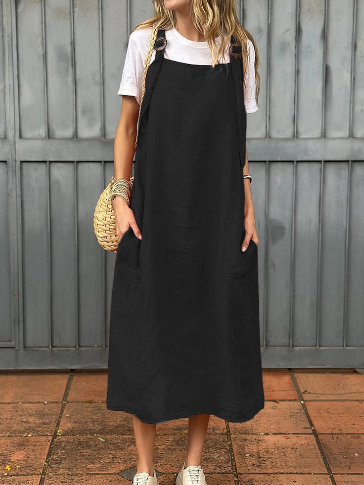 Adjustable Shoulder Strap Casual Cotton And Linen Dress