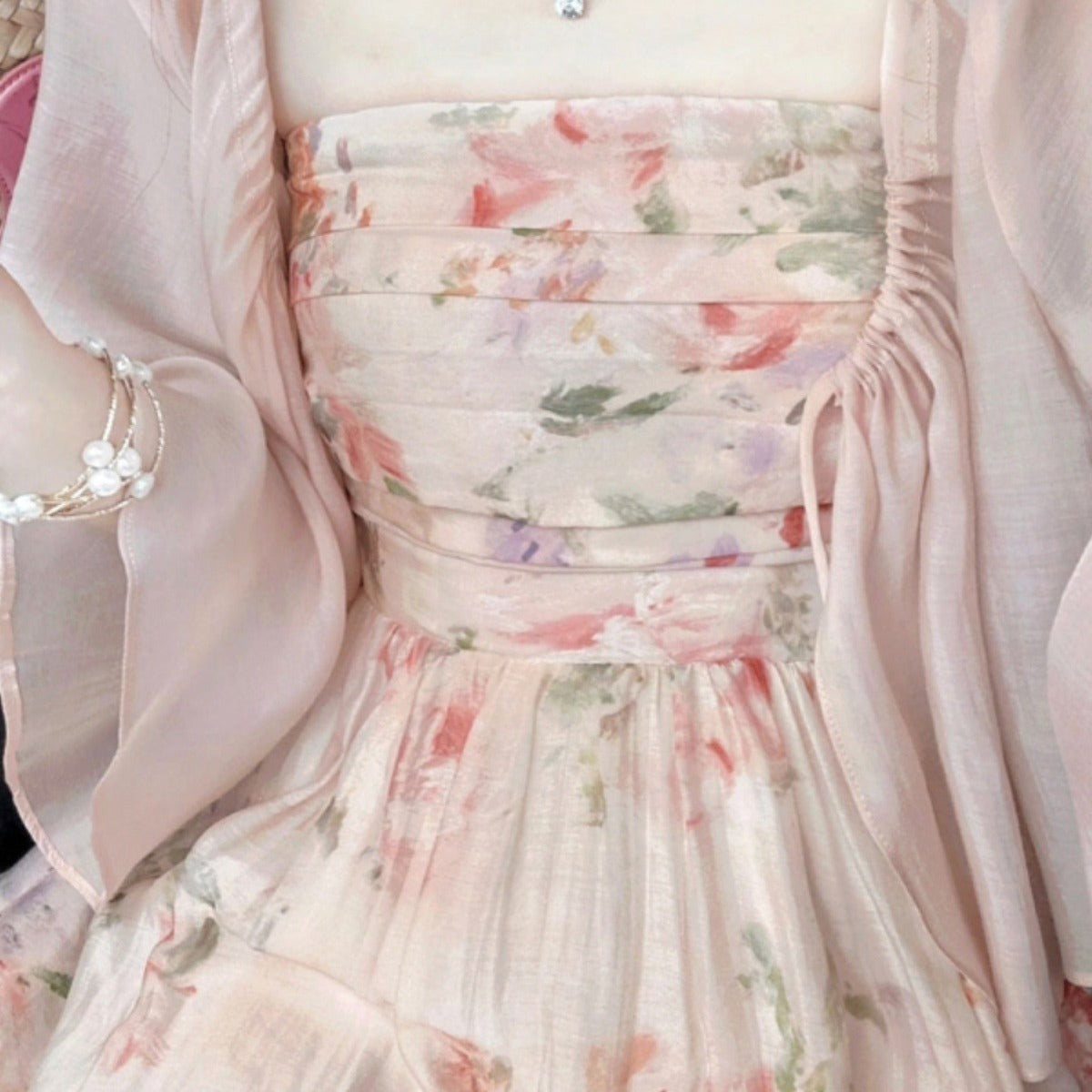 French-style Vintage Floral Sling Dress Cardigan