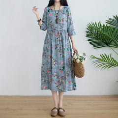Cotton And Linen Literary Retro Dress Loose Large Size Waist Dress