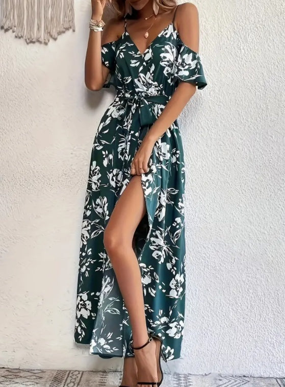 Flower Print Split Suspender Dress With Lace-up Design Long Dresses Beach Clothing For Women