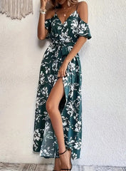 Flower Print Split Suspender Dress With Lace-up Design Long Dresses Beach Clothing For Women