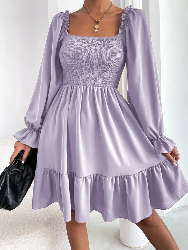 Flared Long Sleeve Dresses Square Neck Ruffled Swing Dress