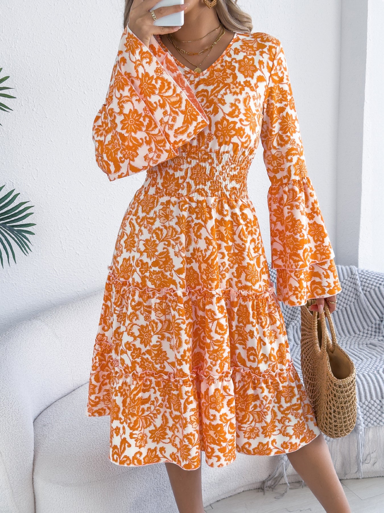 Vintage Bell Sleeve Ruffle Trim Tie Waist A-Line Dress