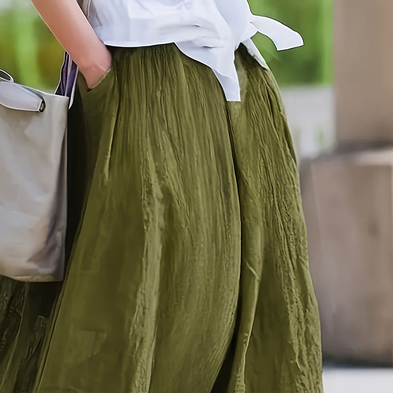 Bohemian Beach A-Line Dress Elastic Waist Flowy Long Maxi Skirt With Pockets