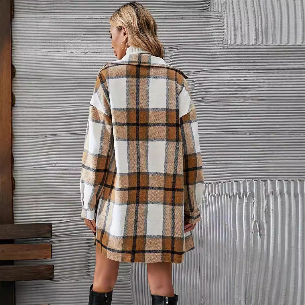 Casual Woolen Plaid Coat Skirt Suit