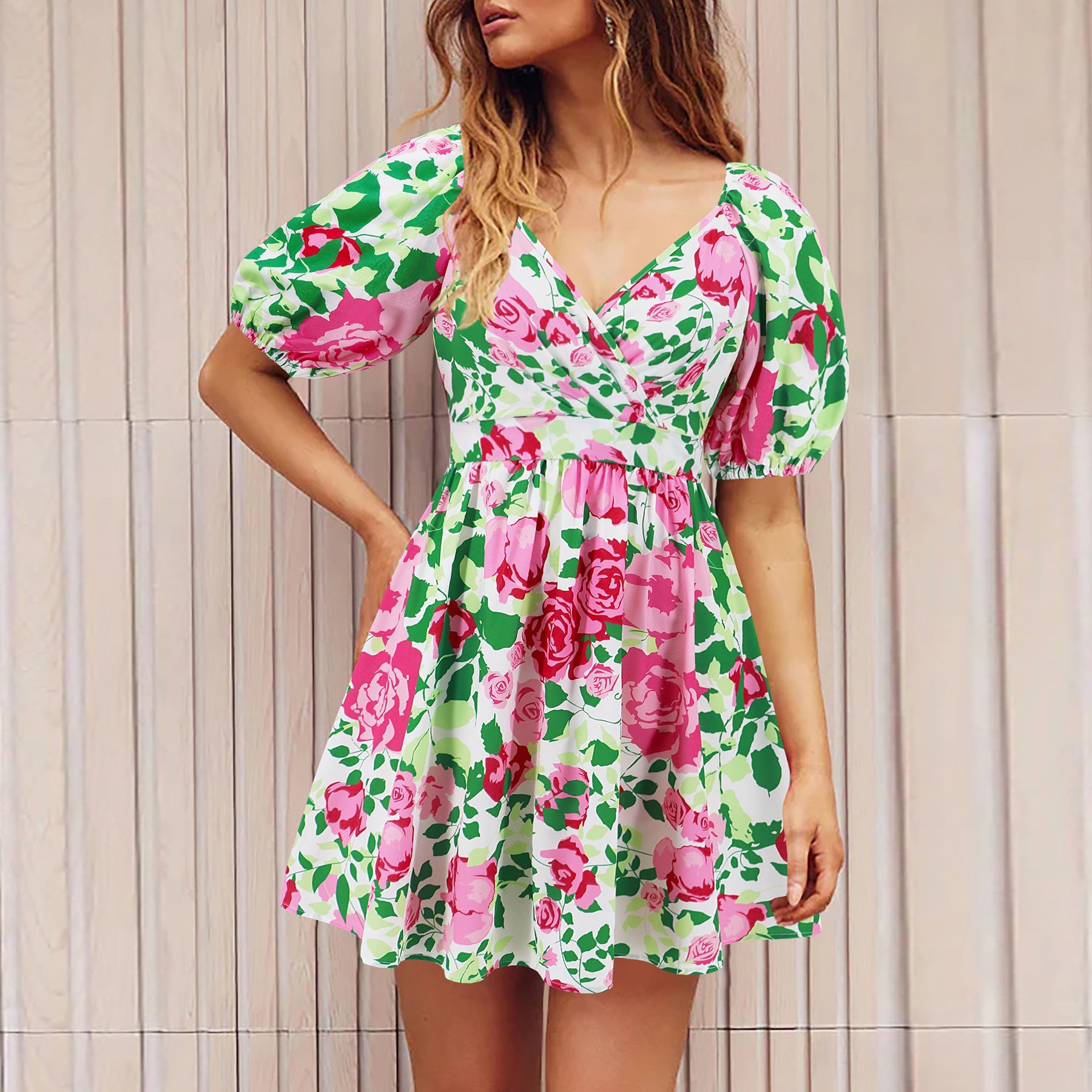 Flowers Print V-Neck Lantern-sleeve Dress Y2K Vacation Beach Short Dresses Womens Clothing