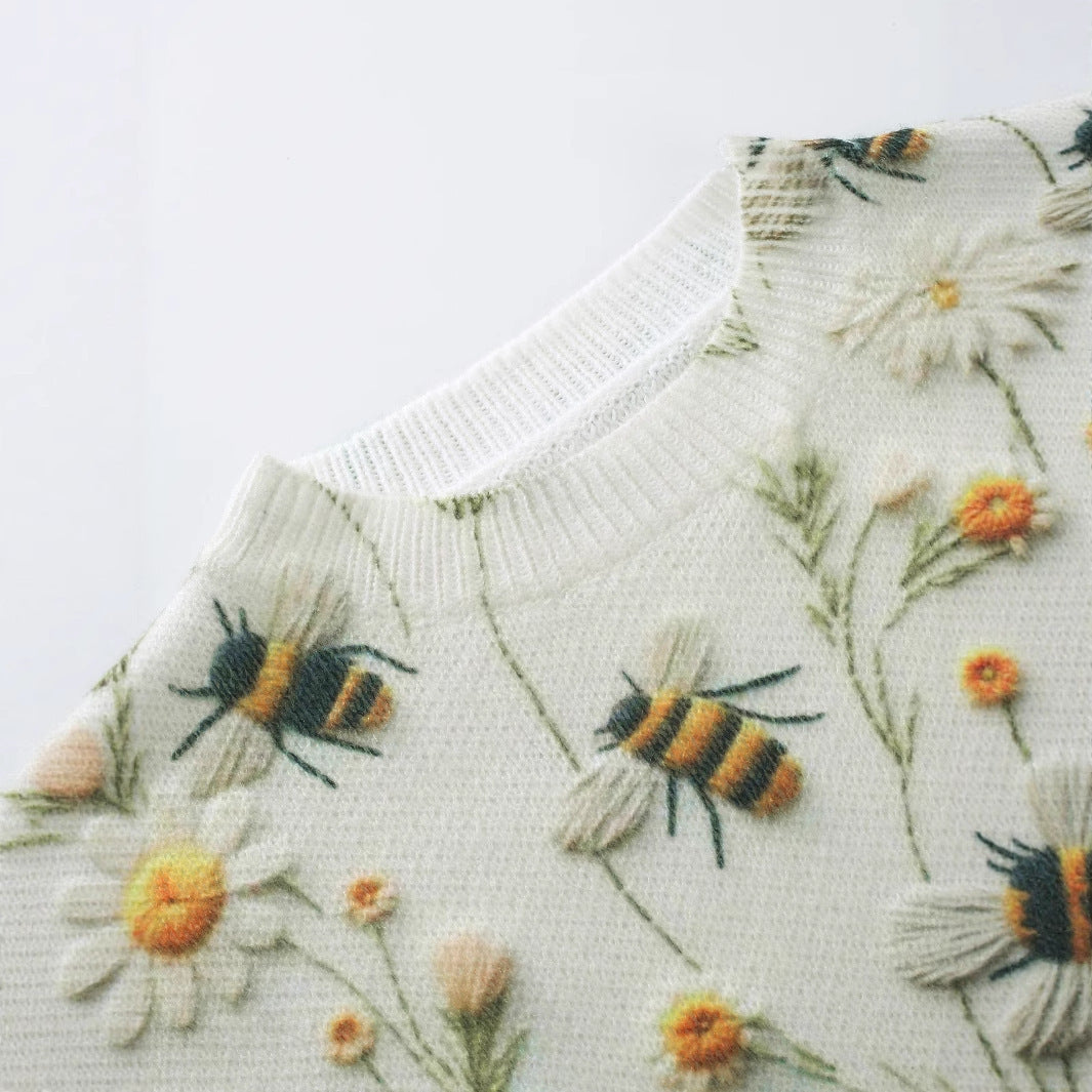 Knitted Sweater Sweater Round Neck Printed Bee Flower Top