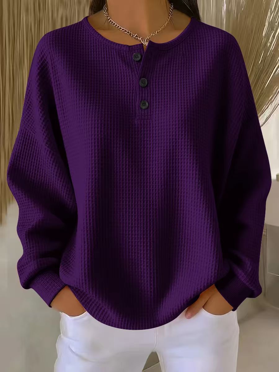 Ins Waffle Long-sleeved T-shirt Solid Color Buttons Round Neck Pullover Top Clothing