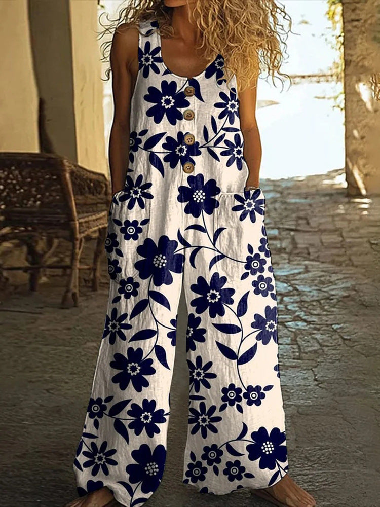 3D Digital Printing Vest With Pocket Floral Jumpsuit
