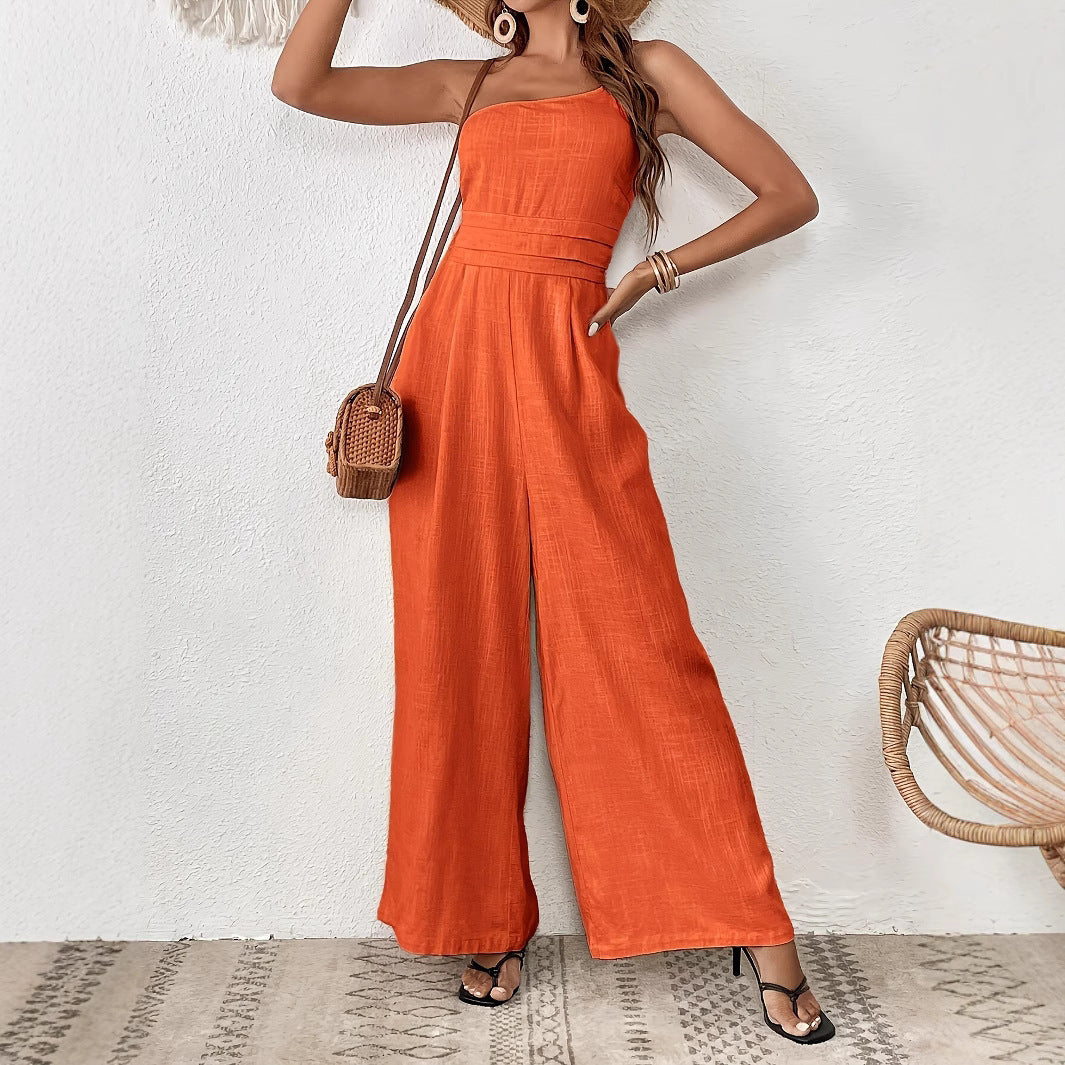 Solid Color Wide-leg Thin One-shoulder Jumpsuit
